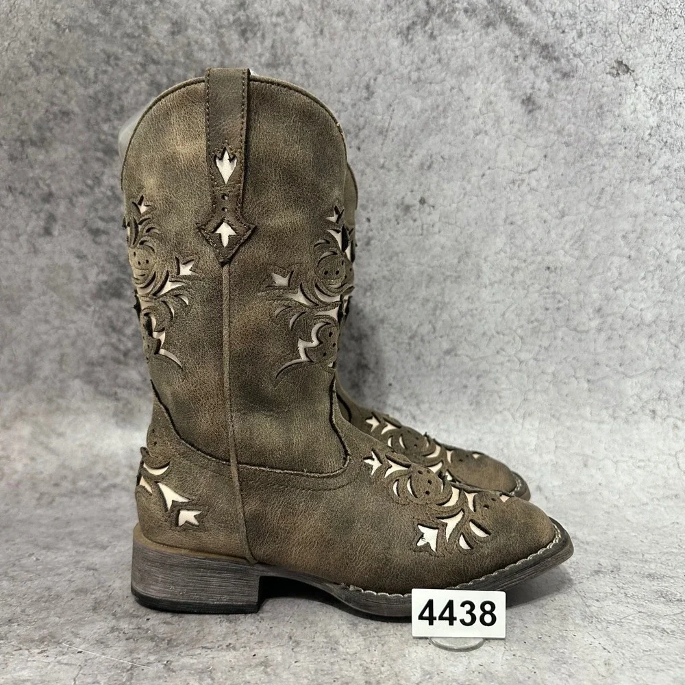 Roper Western Boots Little Kids Size 13 Brown Laser Cut Floral Square Toe Cowboy